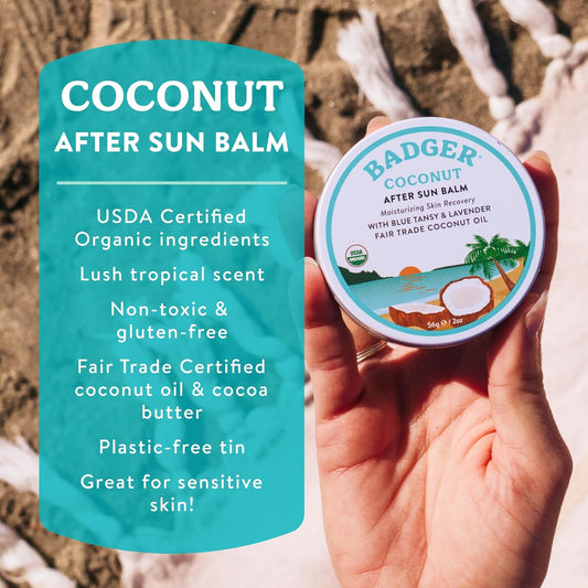 Coconut after Sun Balm with Organic Cocoa Butter & Shea Butter, Rescue Balm, Soothing & Cooling Balm for Tight Dry Skin after Sun Exposure, 2 Oz