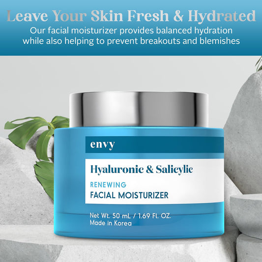 Hyaluronic & Salicylic Acid Face Moisturizer Cream - Hydrating, Acne Scar Reduction & Anti-Aging Day Cream - Dermatologist Tested, Clean Beauty for All Skin Types - 1.69 Fl. Oz