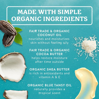 Coconut after Sun Balm with Organic Cocoa Butter & Shea Butter, Rescue Balm, Soothing & Cooling Balm for Tight Dry Skin after Sun Exposure, 2 Oz